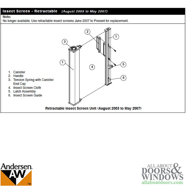 Retainer w/Screws - Retractable Insect Screen -for Andersen FGD made Aug. 03 to May 07 - White - Retainer w/Screws - Retractable Insect Screen -for Andersen FGD made Aug. 03 to May 07 - White