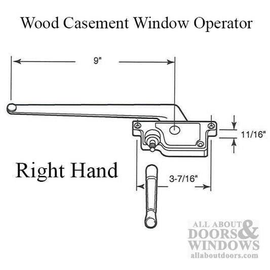 Casement Window Operator 9 Inch Arm Right Hand for Wood Windows