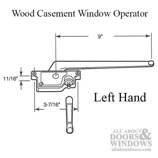 Casement Window Operator 9 Inch Arm Left Hand for Wood Windows