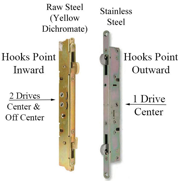 2-point Double Hook Sliding door lock, Center Drive, No Faceplate - Choose Material - 2-point Double Hook Sliding door lock, Center Drive, No Faceplate - Choose Material