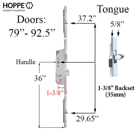 5/8" Faceplate, 1-3/8" Backset, Bottom Tongue @ 29.65", Top Tongue @ 37.20", 36" Handle Height