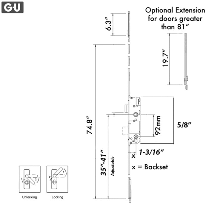 16mm GU Rhino Europa Active, Multipoint Hook/Shootbolt Lock Kit-Stainless Steel - 16mm GU Rhino Europa Active, Multipoint Hook/Shootbolt Lock Kit-Stainless Steel
