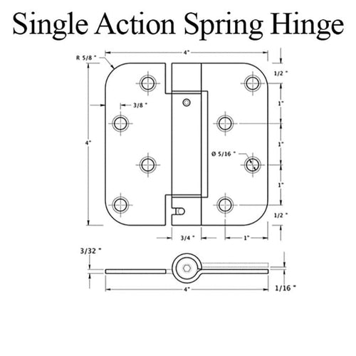 Spring Hinge 4 x 4 x 5/8 radius corner, BENCHMARK Screw Hole Pattern - Choose Finish - Spring Hinge 4 x 4 x 5/8 radius corner, BENCHMARK Screw Hole Pattern - Choose Finish