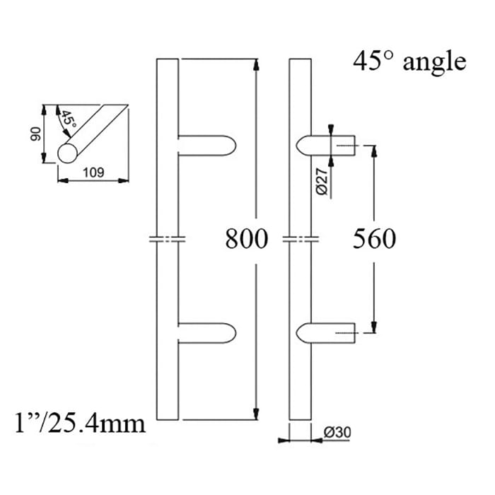HOPPE Bar-Shaped Round 45 Degree Angle Pull Handle 31-1/2