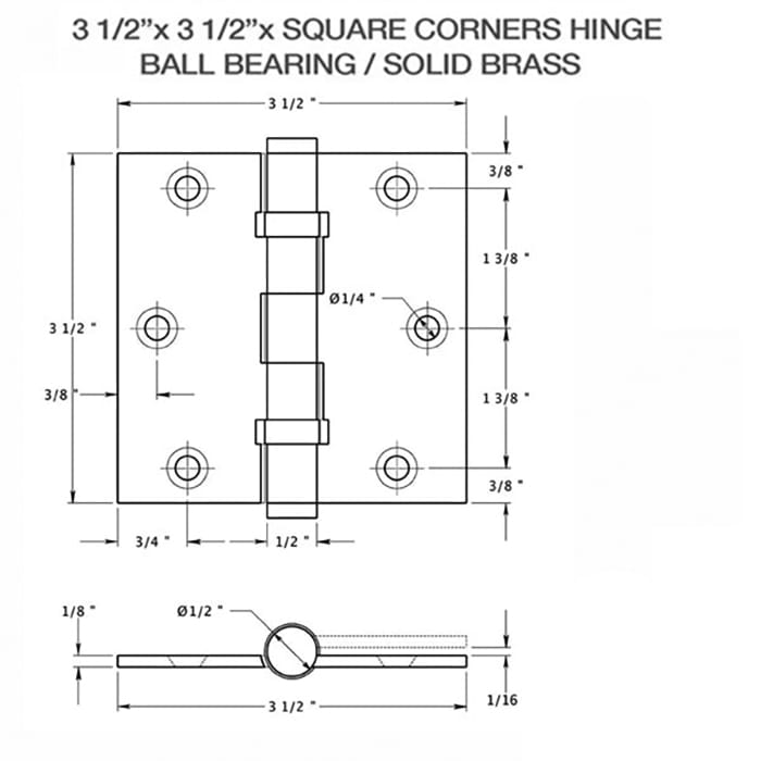 Door Hinge 3.5 x 3.5  Square Corners, Brass Ball Bearing - Door Hinge 3.5 x 3.5  Square Corners, Brass Ball Bearing