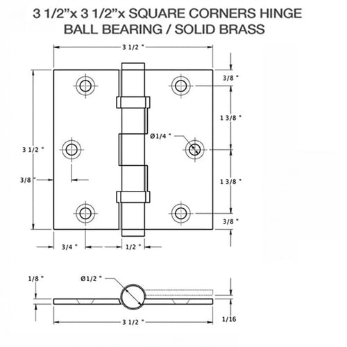 Door Hinge 3.5 x 3.5  Square Corners, Brass Ball Bearing - Door Hinge 3.5 x 3.5  Square Corners, Brass Ball Bearing