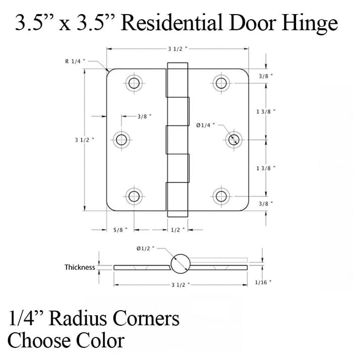 Door Hinge 3.5 x 3.5 inch, 1/4 Radius Corners, Residential, Solid Brass - Choose Color - Door Hinge 3.5 x 3.5 inch, 1/4 Radius Corners, Residential, Solid Brass - Choose Color