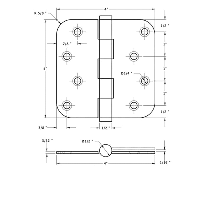 4 x 4 inch Solid Brass Hinge, 5/8 Radius Corners, Residential - Choose Color - 4 x 4 inch Solid Brass Hinge, 5/8 Radius Corners, Residential - Choose Color