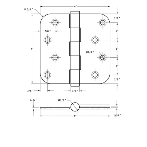 4 x 4 inch Solid Brass Hinge, 5/8 Radius Corners, Residential - Choose Color - 4 x 4 inch Solid Brass Hinge, 5/8 Radius Corners, Residential - Choose Color