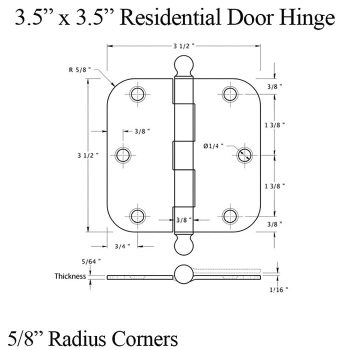 Door Hinge 3.5 x 3.5 inch, 5/8 Radius Corners, Residential, Steel, Ball Tip - Door Hinge 3.5 x 3.5 inch, 5/8 Radius Corners, Residential, Steel, Ball Tip
