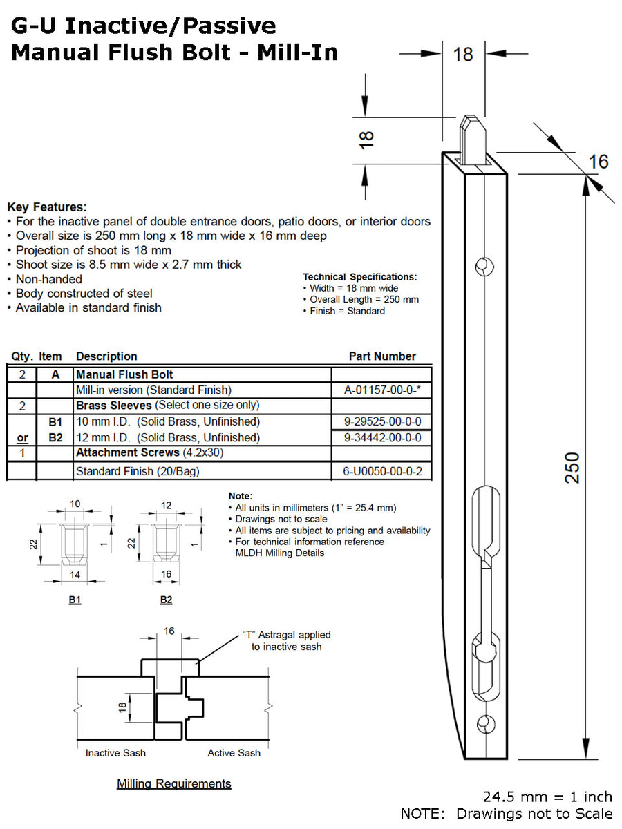 Manual Flush Bolt - Mill-In - Silver - Manual Flush Bolt - Mill-In - Silver