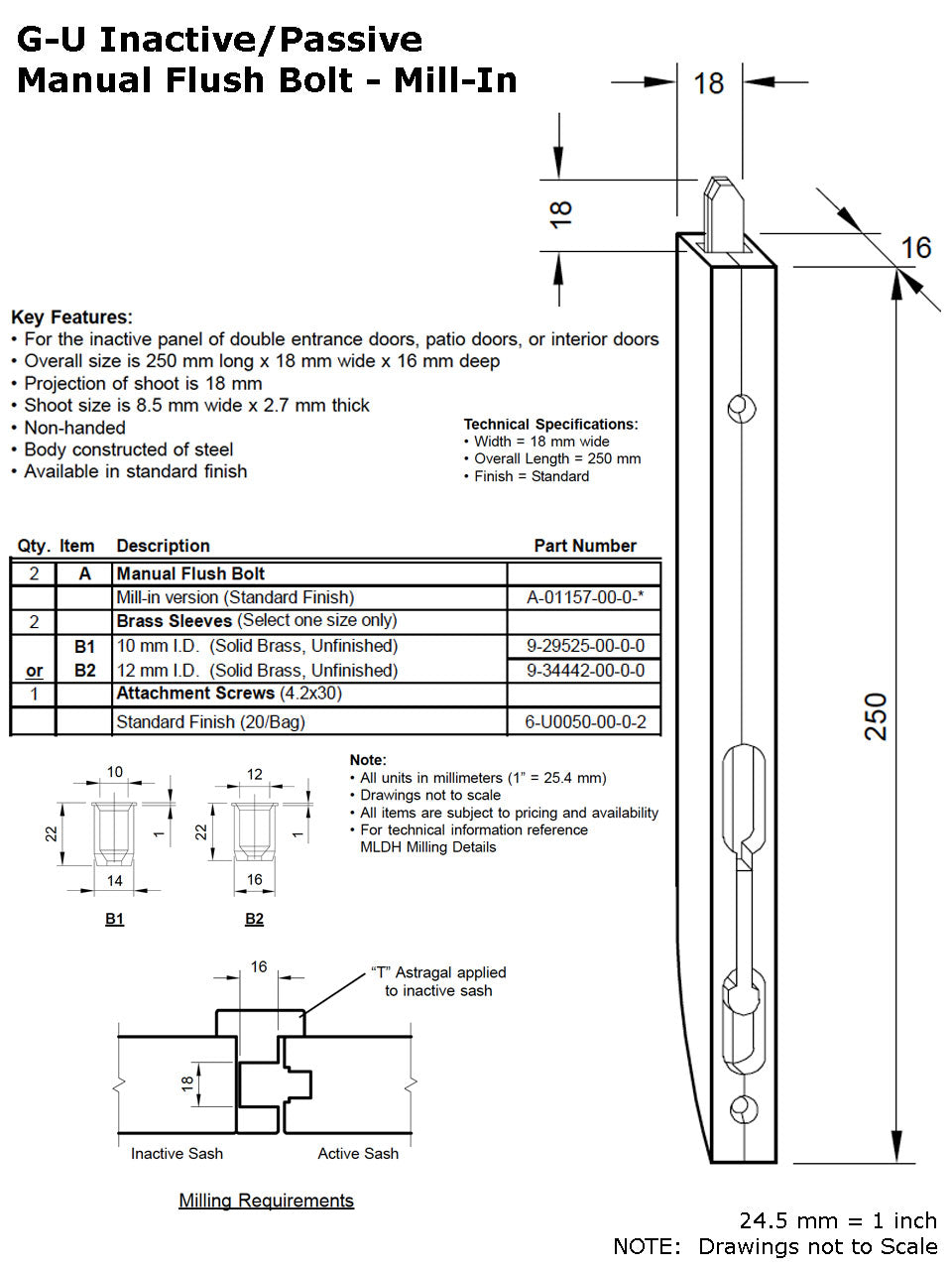 Manual Flush Bolt - Mill-In - Silver - Manual Flush Bolt - Mill-In - Silver