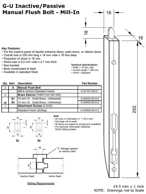 Manual Flush Bolt - Mill-In - Silver - Manual Flush Bolt - Mill-In - Silver