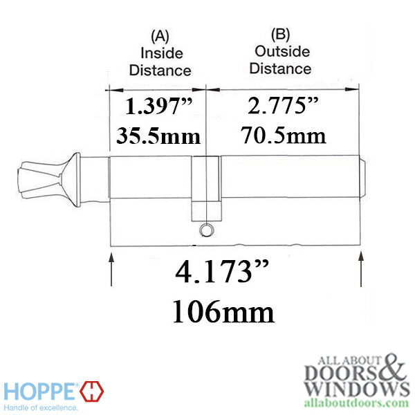 35.5 /70.5mm Hoppe 106mm Keyed Euro Profile Cylinder 90° - 35.5 /70.5mm Hoppe 106mm Keyed Euro Profile Cylinder 90°