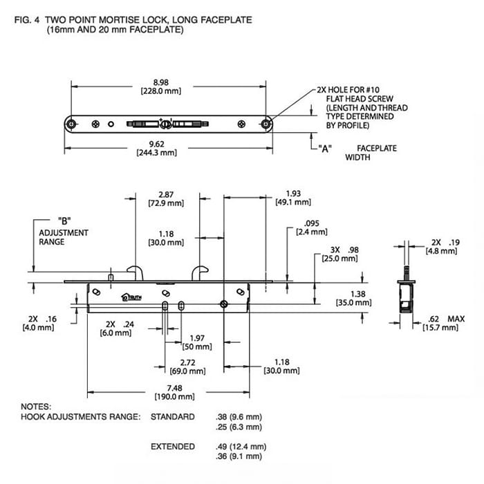 20mm Truth 13323 Nexus Double Hook, 2-Point Sliding Door Lock - Standard Adjustment - 20mm Truth 13323 Nexus Double Hook, 2-Point Sliding Door Lock - Standard Adjustment