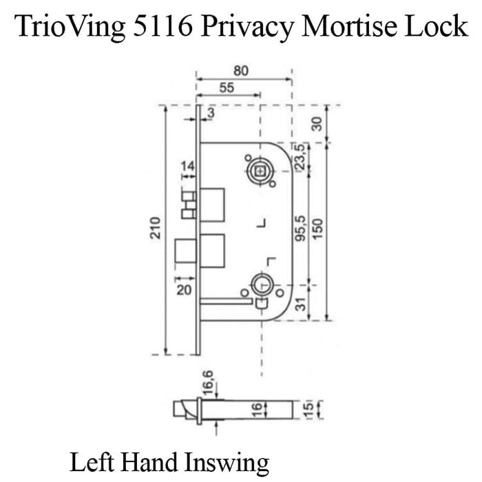 TrioVing 5116 Privacy Mortise Lock Left Hand Inswing - TrioVing 5116 Privacy Mortise Lock Left Hand Inswing
