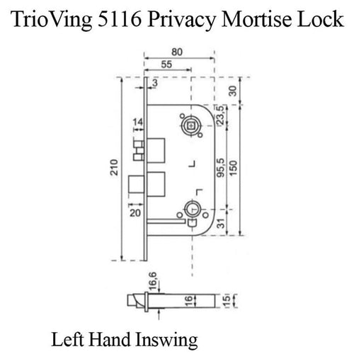 TrioVing 5116 Privacy Mortise Lock Left Hand Inswing - TrioVing 5116 Privacy Mortise Lock Left Hand Inswing