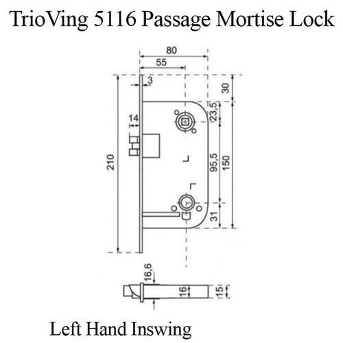 TrioVing 5116 Passive Mortise Lock for Left Hand Inswing - TrioVing 5116 Passive Mortise Lock for Left Hand Inswing