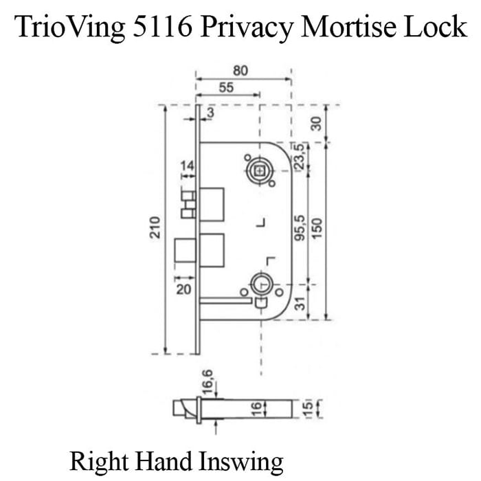 TrioVing 5116 Privacy Mortise Lock Right Hand Inswing Left Hand Lock - TrioVing 5116 Privacy Mortise Lock Right Hand Inswing Left Hand Lock
