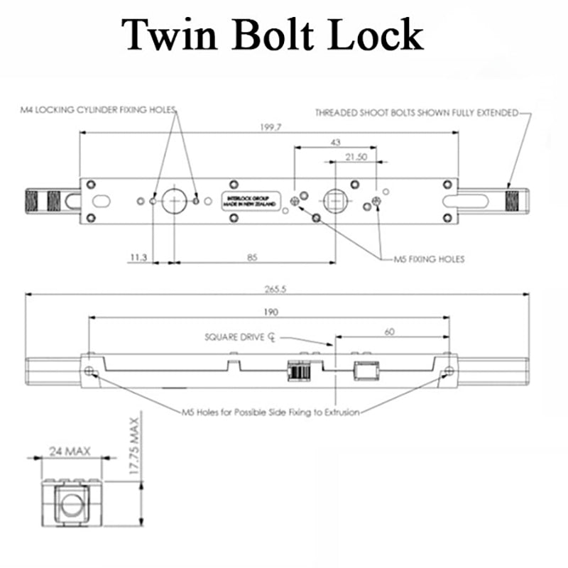 Twin Bolt Lock (TBL) 18mm for wood applications, Non-Locking - Twin Bolt Lock (TBL) 18mm for wood applications, Non-Locking