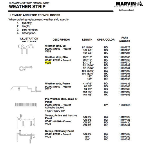 Marvin V020 Outswing French Door Stile Weatherstrip, 92 15/16