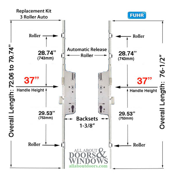 Replacement Kit for Fuhr 3 roller Automatic Multipoint Lock - Replacement Kit for Fuhr 3 roller Automatic Multipoint Lock