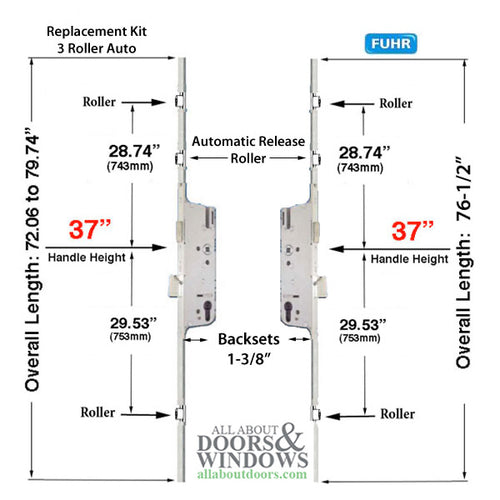 Replacement Kit for Fuhr 3 roller Automatic Multipoint Lock - Replacement Kit for Fuhr 3 roller Automatic Multipoint Lock