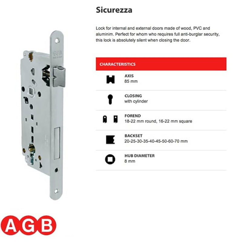 Single Point Mortise Lock Body 45/85 AGB - Chrome - Single Point Mortise Lock Body 45/85 AGB - Chrome