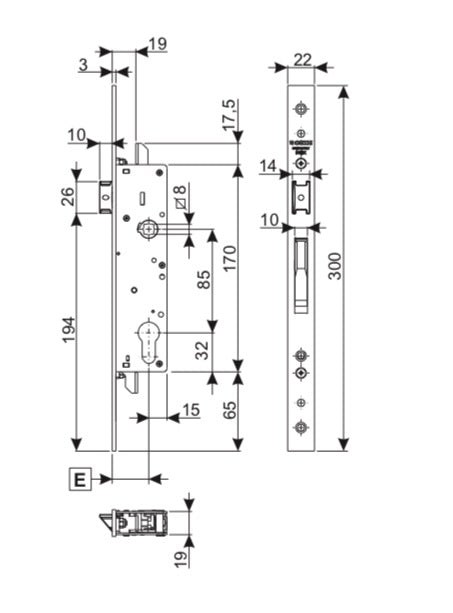 Giesse 30/85 Mortise Lock, Top - Bottom Locking, 1-3/16