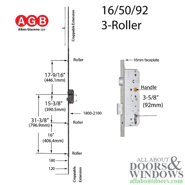 16mm AGB Unitop Multipoint Lock 50/92 with 3 Roller Cams Stainless Steel - 16mm AGB Unitop Multipoint Lock 50/92 with 3 Roller Cams Stainless Steel
