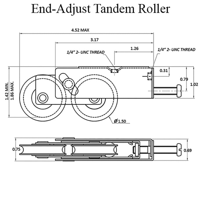 End-Adjust 5100 Series Tandem Roller 1.5 Inch Steel Wheel Diameter Dual Wheel Roller - End-Adjust 5100 Series Tandem Roller 1.5 Inch Steel Wheel Diameter Dual Wheel Roller