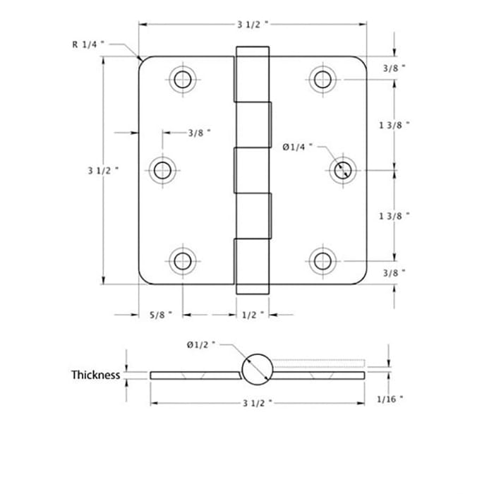 3.5 x 3.5 Inch Solid Brass Door Hinges ¼ Inch Radius Pair No Screws - 3.5 x 3.5 Inch Solid Brass Door Hinges ¼ Inch Radius Pair No Screws