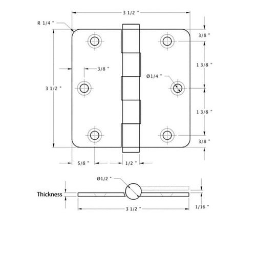 3.5 x 3.5 Inch Solid Brass Door Hinges ¼ Inch Radius Pair No Screws - 3.5 x 3.5 Inch Solid Brass Door Hinges ¼ Inch Radius Pair No Screws