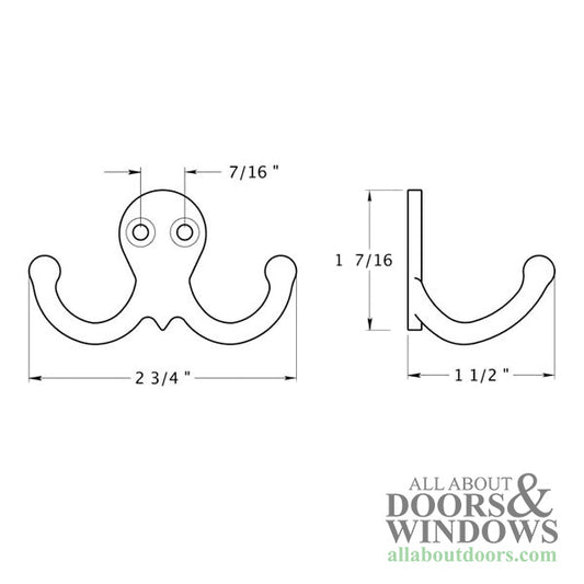 2-3/4" Double Wall Hook, Solid Brass - Choose Finish