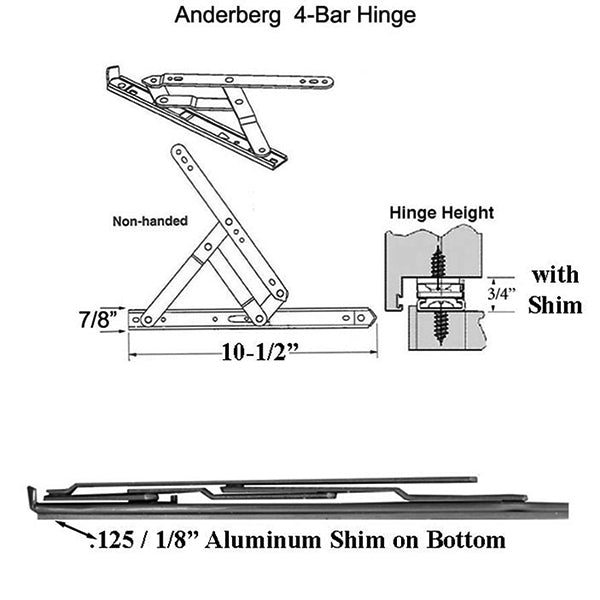 4 Bar Hinge 7/8 x 10 Truth 34.24 Heavy Duty Anderberg 301  .125 Bottom Shim  Stainless Steel - 4 Bar Hinge 7/8 x 10 Truth 34.24 Heavy Duty Anderberg 301  .125 Bottom Shim  Stainless Steel
