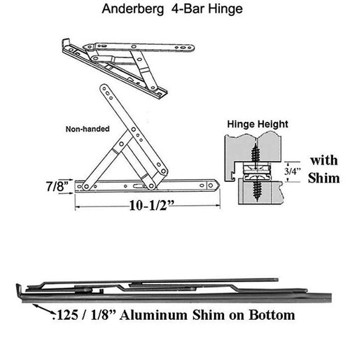 4 Bar Hinge 7/8 x 10 Truth 34.24 Heavy Duty Anderberg 301  .125 Bottom Shim  Stainless Steel - 4 Bar Hinge 7/8 x 10 Truth 34.24 Heavy Duty Anderberg 301  .125 Bottom Shim  Stainless Steel