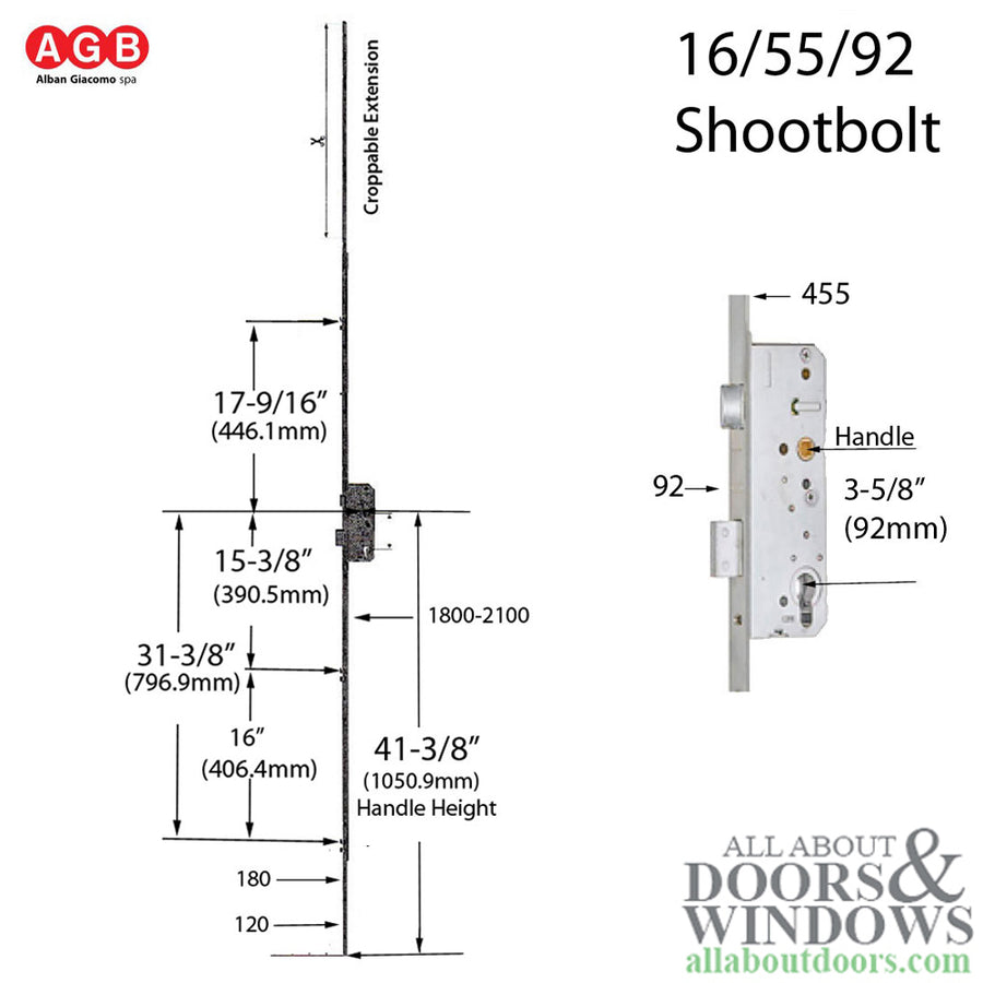 AGB Unitop 16mm Multipoint Lock 55/92 Active Assembly with Shootbolts, 41-5/16 inch handle height - Silver - AGB Unitop 16mm Multipoint Lock 55/92 Active Assembly with Shootbolts, 41-5/16 inch handle height - Silver