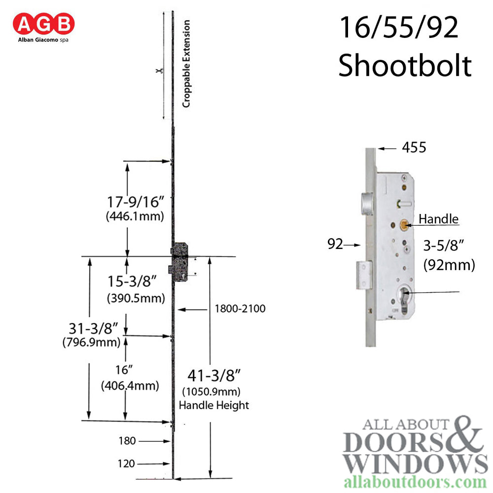 AGB Unitop 16mm Multipoint Lock 55/92 Active Assembly with Shootbolts, 41-5/16 inch handle height - Silver - AGB Unitop 16mm Multipoint Lock 55/92 Active Assembly with Shootbolts, 41-5/16 inch handle height - Silver