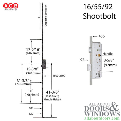 AGB Unitop 16mm Multipoint Lock 55/92 Active Assembly with Shootbolts, 41-5/16 inch handle height - Silver - AGB Unitop 16mm Multipoint Lock 55/92 Active Assembly with Shootbolts, 41-5/16 inch handle height - Silver