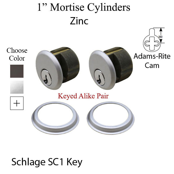 Adams-Rite 1 inch Mortise Cylinder, Zinc KA Pair,  Schlage Keyway - 2 colors - Adams-Rite 1 inch Mortise Cylinder, Zinc KA Pair,  Schlage Keyway - 2 colors