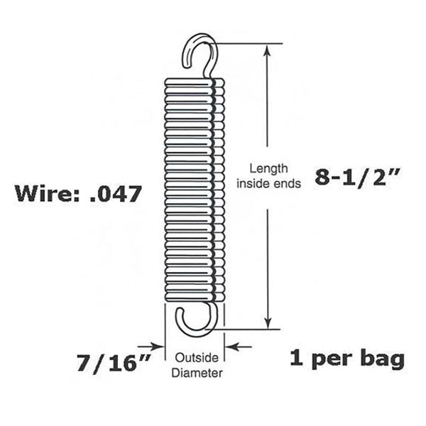 Extension Spring - 7/16 Inch Diameter x 8-1/2 Inches Long - .047 Wire - Extension Spring - 7/16 Inch Diameter x 8-1/2 Inches Long - .047 Wire