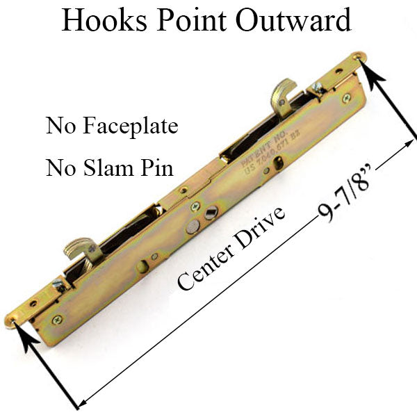 2-point Double Hook Sliding door lock, Center Drive, No Faceplate - Choose Material - 2-point Double Hook Sliding door lock, Center Drive, No Faceplate - Choose Material