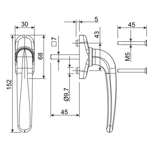 Giesse Prima Plus Balcony Handles, Interior / Exterior, Non Locking - Giesse Prima Plus Balcony Handles, Interior / Exterior, Non Locking