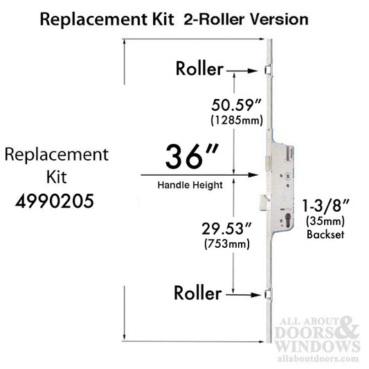 Hoppe Multipoint Lock, 1-3/8" backset, Manual  2 rollers Bottom @ 29.53" & Top @ 50.59