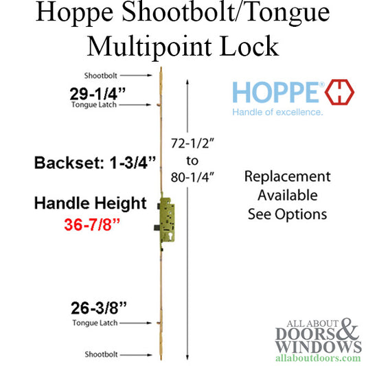 72-1/2 - 80-1/4 inch Shootbolt / Tongue, 45mm backset - Replacement Available