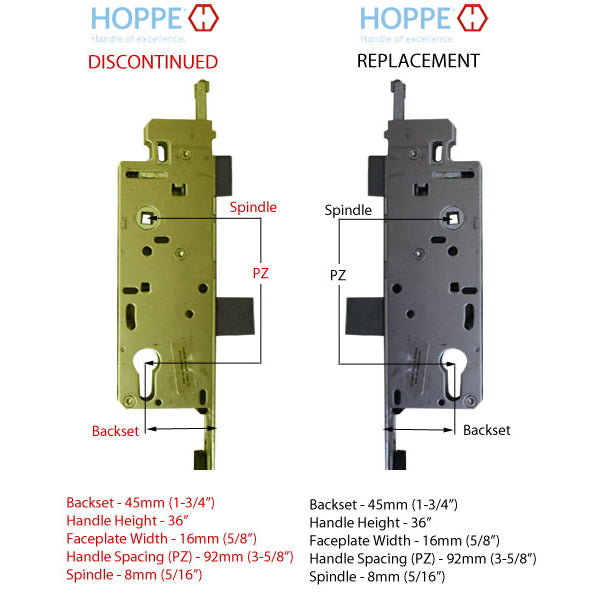 HOPPE 71 - 85-1/2 inch Tongue Multipoint Lock, 45mm backset Discontinued - See Replacement Options - HOPPE 71 - 85-1/2 inch Tongue Multipoint Lock, 45mm backset Discontinued - See Replacement Options