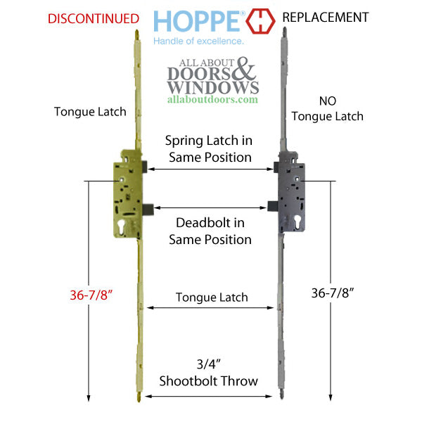 72-1/2 - 80-1/4 inch Shootbolt / Tongue, 45mm backset - Replacement Available - 72-1/2 - 80-1/4 inch Shootbolt / Tongue, 45mm backset - Replacement Available