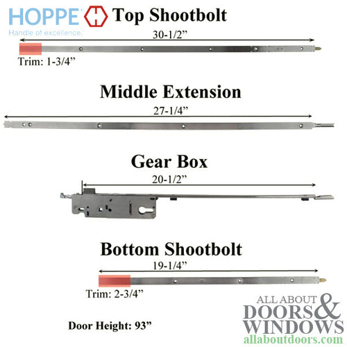 HOPPE Replacement for FUHR / Caradco 5-Point Multipoint Lock - 93 in. Active - HOPPE Replacement for FUHR / Caradco 5-Point Multipoint Lock - 93 in. Active