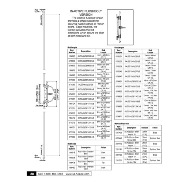 Inactive Flushbolt Rod, 30mm Backset, Flip Lever - Brass - Inactive Flushbolt Rod, 30mm Backset, Flip Lever - Brass