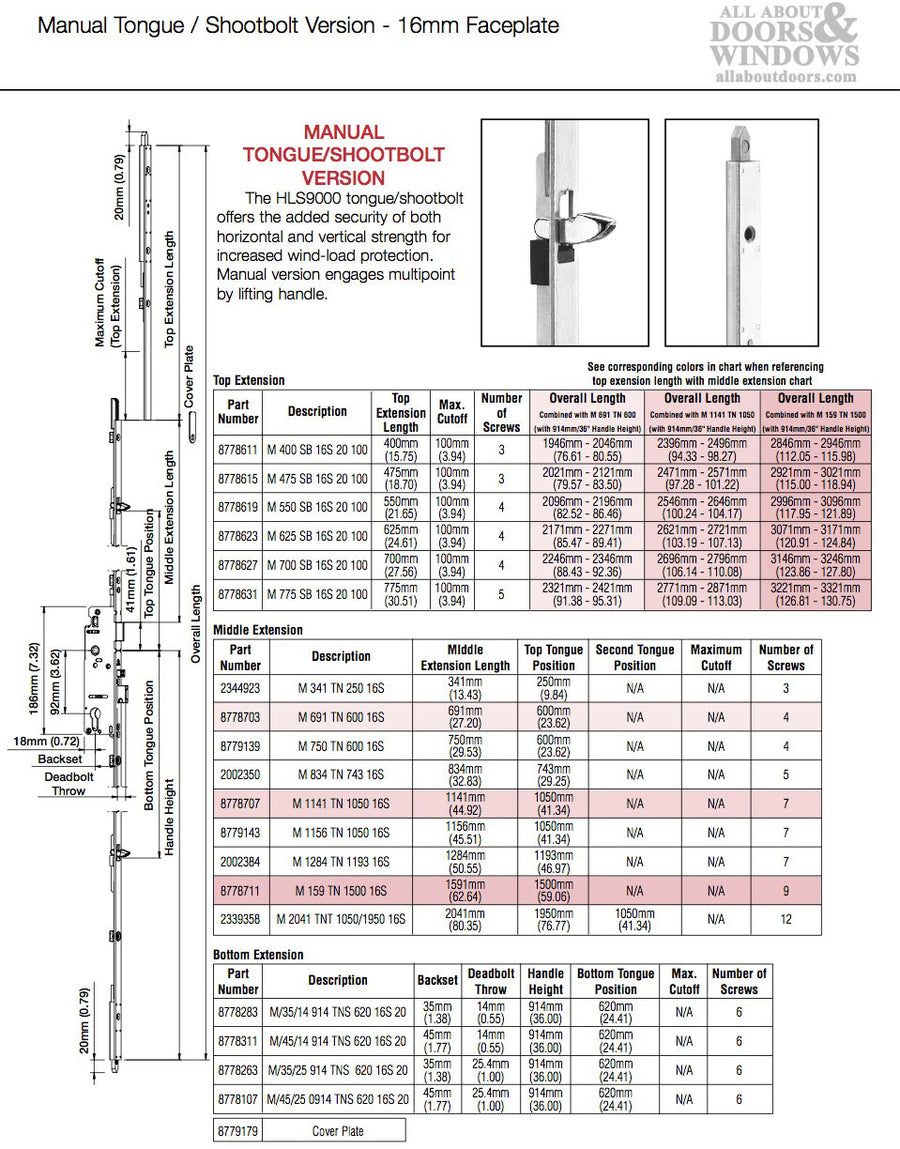 16 mm Manual Tongue-Shootbolt Gear, 45/92, Tongue at  24.41 Inch, 36 Inch Handle Height - 16 mm Manual Tongue-Shootbolt Gear, 45/92, Tongue at  24.41 Inch, 36 Inch Handle Height